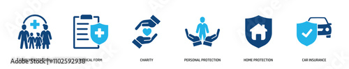 Set of glyph solid icons related insurance, risk, safety, protection. Perfect pixel on transparent background
