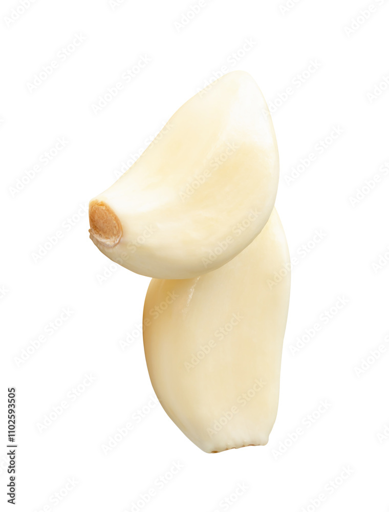 Fototapeta premium Top view of peeled garlic cloves in stack isolated on white background with clipping path