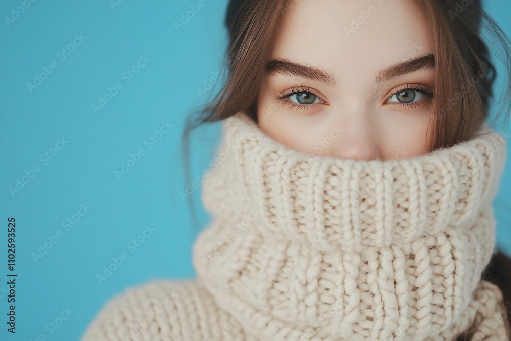 Close-up portrait of a woman in a cozy sweater against a blue background. Close-up portrait of a woman in a cozy sweater against a blue background.