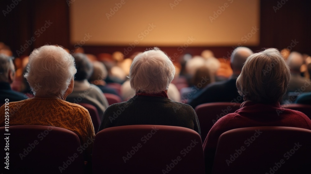 Audience of elderly individuals seated in a theater, focused on a presentation. Audience of elderly individuals seated in a theater, focused on a presentation.