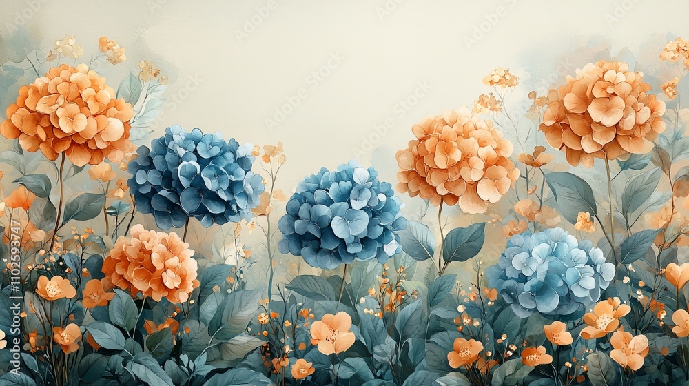 A vibrant floral arrangement featuring orange and blue hydrangeas with lush green leaves. A vibrant floral arrangement featuring orange and blue hydrangeas with lush green leaves.
