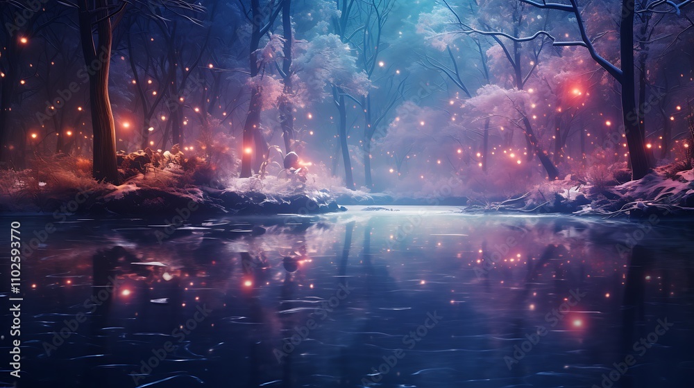 Naklejka premium A tranquil scene of a frozen pond surrounded by festive trees, reflecting the joyous lights of Christmas in its icy surface.