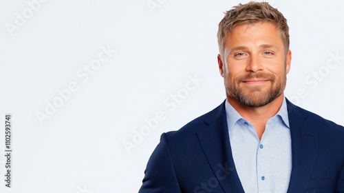 Confident man in suit and blue shirt smiling against light background