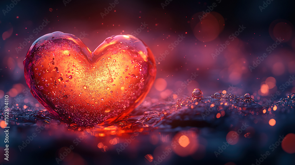 Glowing heart shape on a reflective surface shimmering in soft light. Generative AI Glowing heart shape on a reflective surface shimmering in soft light. Generative AI