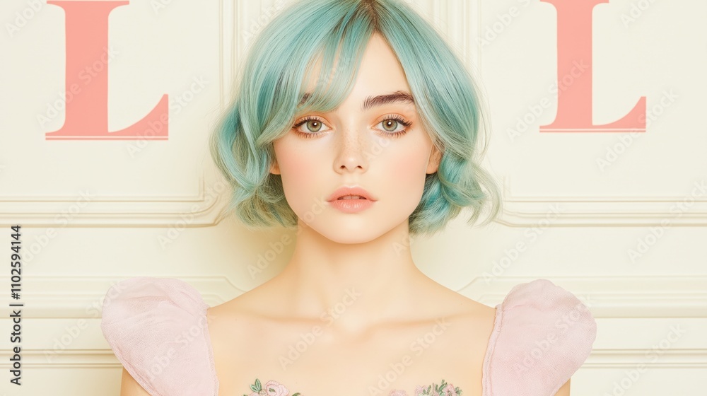 Pastel elegance: woman with mint green hair and floral dress