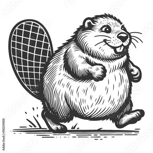 beaver walking in a lively, cheerful manner, featuring a detailed tail and cartoonish style sketch engraving generative ai vector illustration. Scratch board imitation. Black and white image.