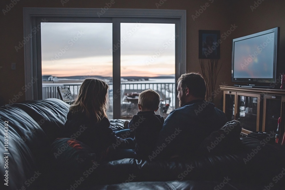Family Togetherness at Sunset in Cozy Living Room Setting Family Togetherness at Sunset in Cozy Living Room Setting
