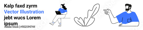Person sitting with laptop and another pointing, accompanied by text and abstract plant. Ideal for tech, communication, modern lifestyle, teamwork, digital marketing, professional settings, creative