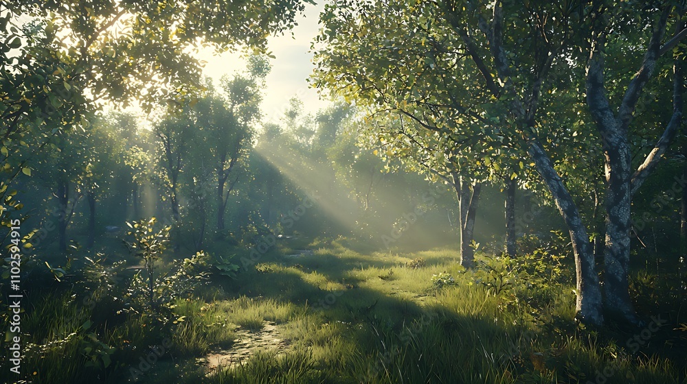Fototapeta premium Sunbeams filtering through the trees in a misty forest.