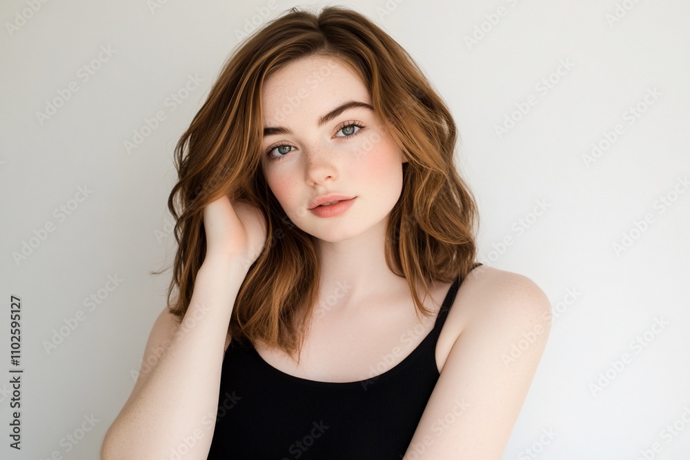 A young woman poses with a soft expression against a neutral background.