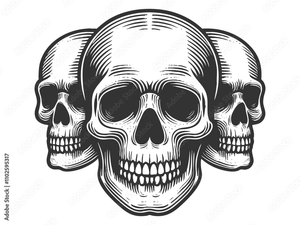 Fototapeta premium three skulls arranged together, symbolizing mortality, unity, and timeless artistry sketch engraving generative ai vector illustration. Scratch board imitation. Black and white image.