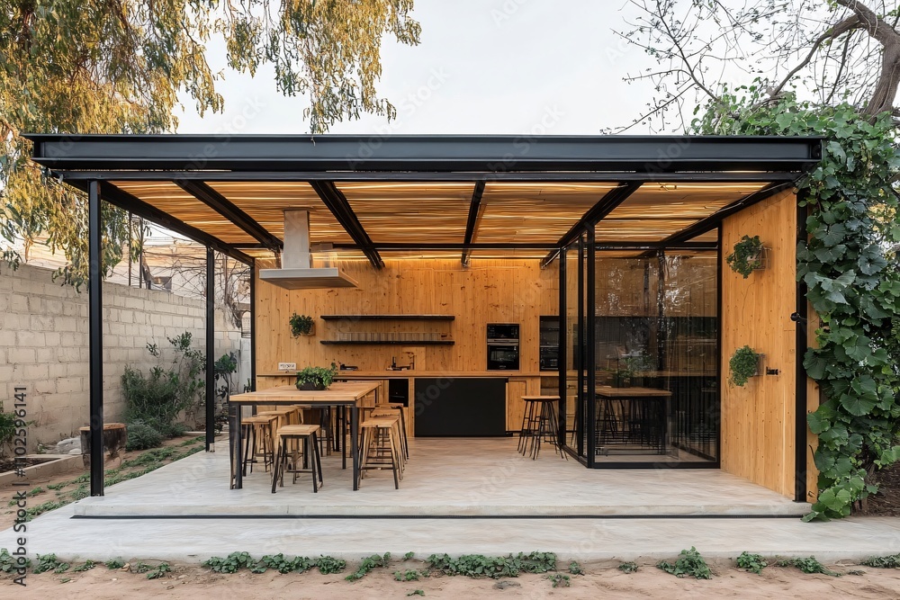 Modern Open-Concept Outdoor Kitchen with Wooden Accents and Greenery Modern Open-Concept Outdoor Kitchen with Wooden Accents and Greenery