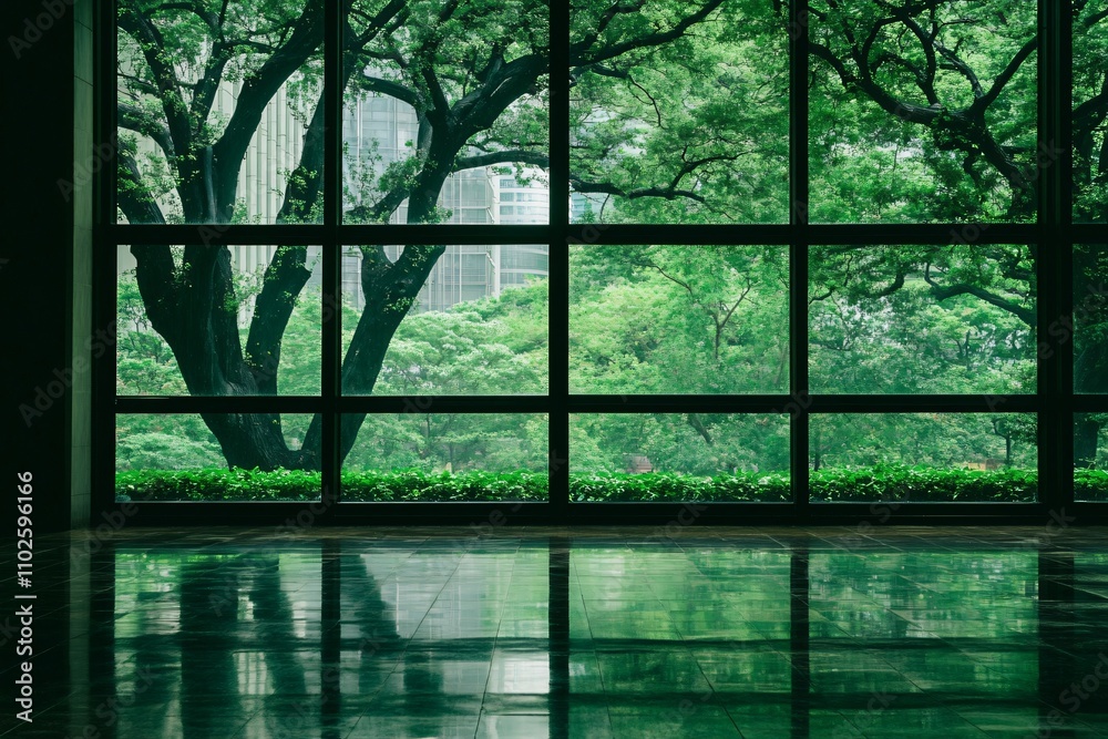 Serene Window View of Lush Green Trees and Reflections Inside Room Serene Window View of Lush Green Trees and Reflections Inside Room
