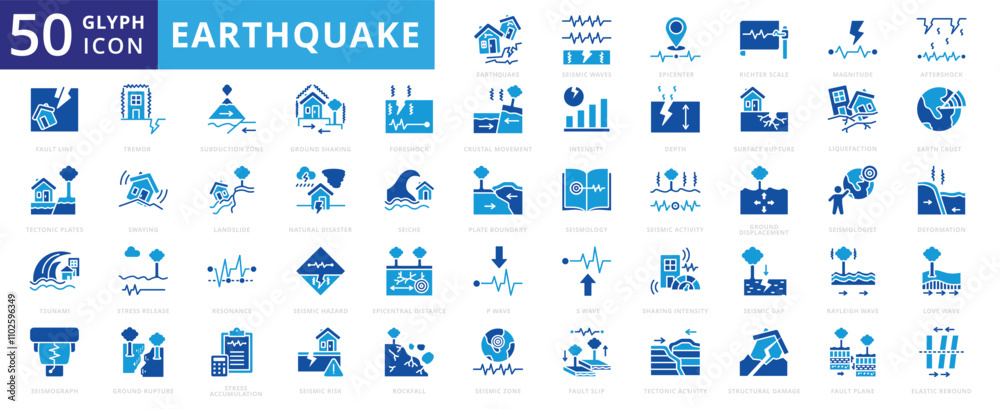 Earthquake icon set of epicenter, tsunami, natural disaster, landslide, seismic activity, resonance, rockfall, deformation, tectonic plates, tremor, magnitude, seismograph, aftershock, subduction zone Earthquake icon set of epicenter, tsunami, natural disaster, landslide, seismic activity, resonance, rockfall, deformation, tectonic plates, tremor, magnitude, seismograph, aftershock, subduction zone