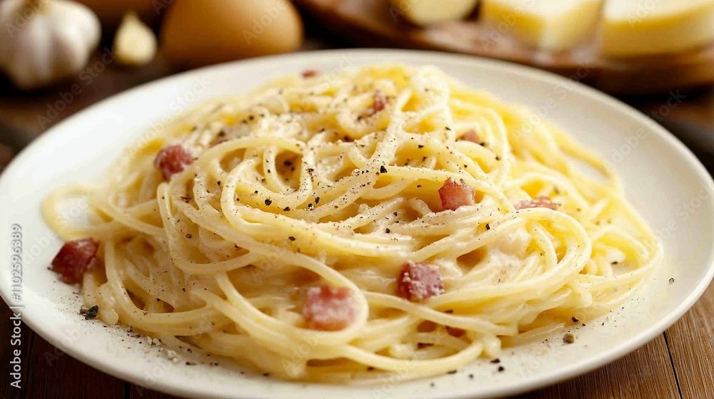 Classic Italian Pasta: Creamy Carbonara on White Plate Classic Italian Pasta: Creamy Carbonara on White Plate