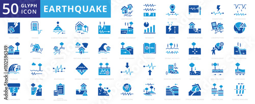 Earthquake icon set of epicenter, tsunami, natural disaster, landslide, seismic activity, resonance, rockfall, deformation, tectonic plates, tremor, magnitude, seismograph, aftershock, subduction zone