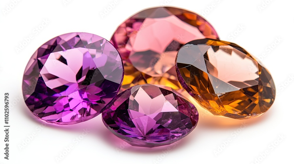 Fototapeta premium Colorful Faceted Gemstones in Purple and Orange Tones on White Background