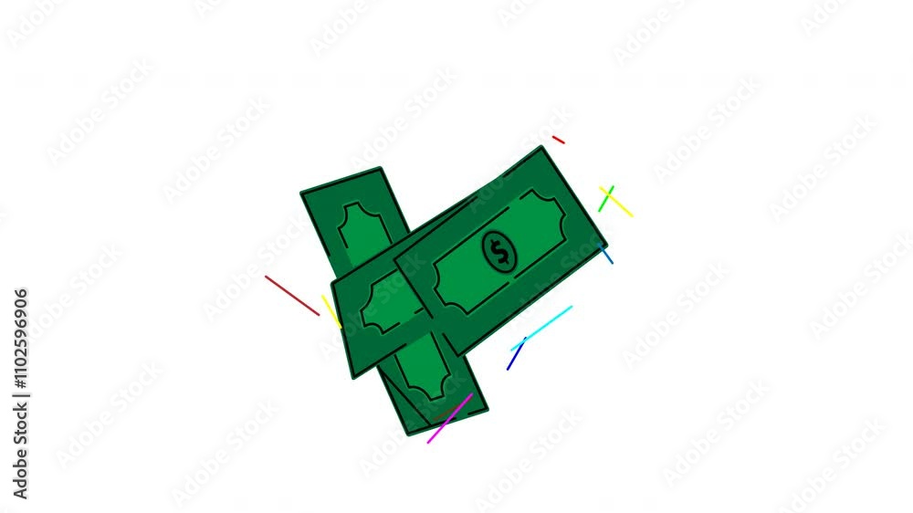 Animated green dollar bills fall amidst colorful lines, perfect for financial or investment concepts in presentations, websites, or social media posts.