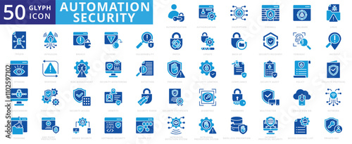 Automation security icon set of certificate, network, virus, prevention, password, firewall, encryption, malware, biometric, authentication, audit, phishing, spyware, trojan, identity, risk management