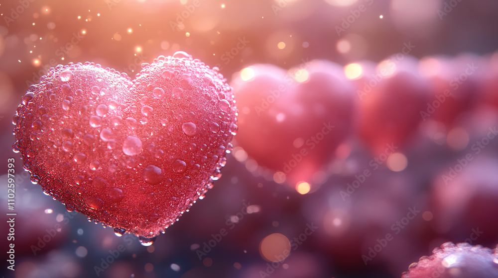 Bright red hearts covered in dewdrops glimmer against a soft background during a dreamy twilight moment. Generative AI Bright red hearts covered in dewdrops glimmer against a soft background during a dreamy twilight moment. Generative AI