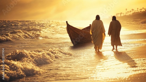 Jesus walking along the beach, calling James and John from their fishing boat, soft light illuminating the waves, emotional and realistic composition