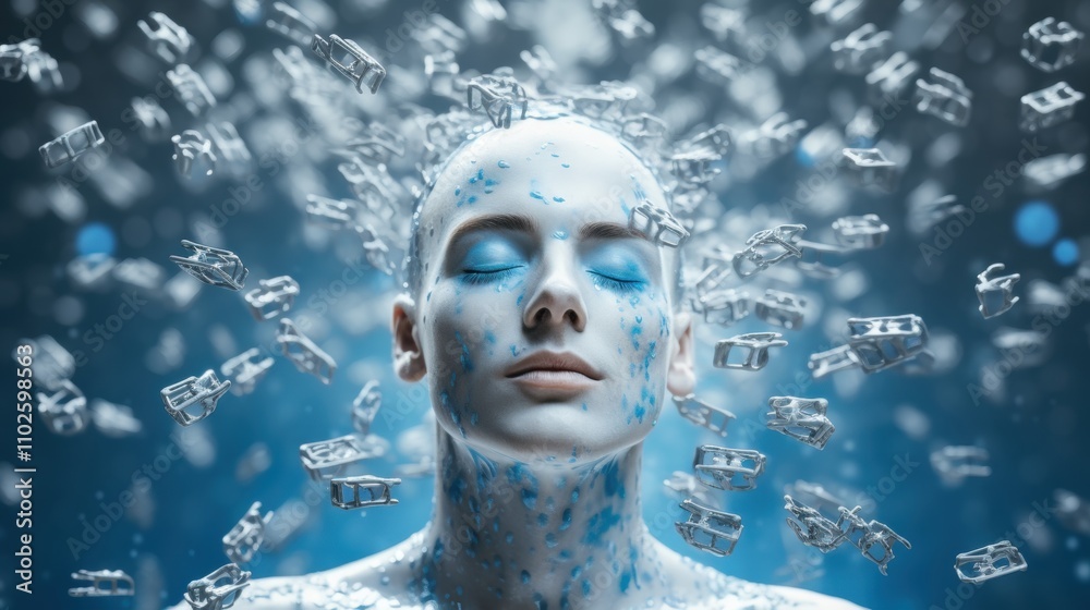 Ethereal Portrait of a Serene Woman Surrounded by Abstract Floating Elements in a Dreamlike Blue Environment Highlighting Beauty and Technology Fusion Ethereal Portrait of a Serene Woman Surrounded by Abstract Floating Elements in a Dreamlike Blue Environment Highlighting Beauty and Technology Fusion