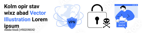 VPN shield with a global network, padlock with crossbones icon, person receiving cashback. Ideal for cybersecurity, finance, tech solutions, online privacy, secure transactions, e-commerce, web