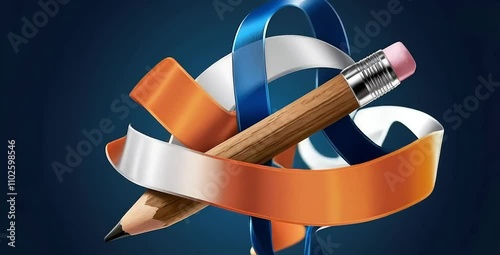 An illustration of a pencil with an orange and light blue ribbon wrapped around it, on a dark blue background photo
