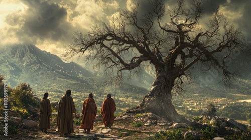 The withered fig tree standing in stark contrast to the vibrant landscape, Jesus and His disciples walking past, soft natural lighting, symbolic and realistic textures photo