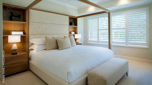 A modern, serene bedroom featuring a four-poster bed, plush pillows, wooden accents, and natural light filtering through stylish window shutters.