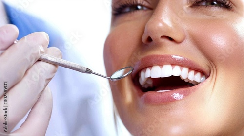 Young woman enjoying a dental examination, close-up view of dentist's hands in gloves and dental tools, highlighting a positive oral care experience photo