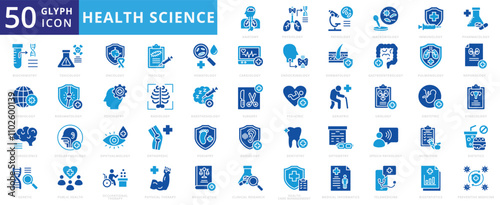 Health science icon set of anesthesiology, pathology, nutrition, anatomy, therapy, surgery, dentistry, cardiology, dermatology, biochemistry, pharmacology, physical, genetic, virology, physiology photo