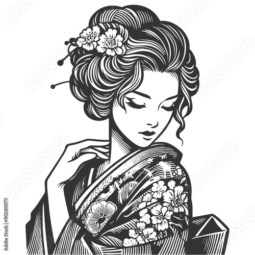 geisha in a floral-patterned kimono, asian woman sketch engraving generative ai fictional character vector illustration. Scratch board imitation. Black and white image.