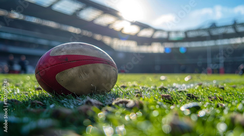 Rugby ball on pitch with a rugby posts and stadium in the background
