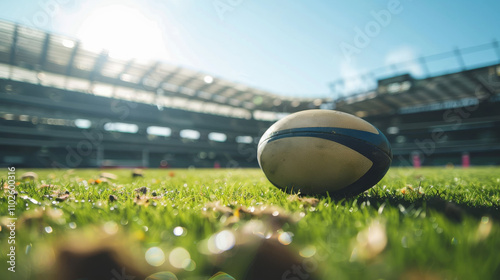 Rugby ball on pitch with a rugby posts and stadium in the background