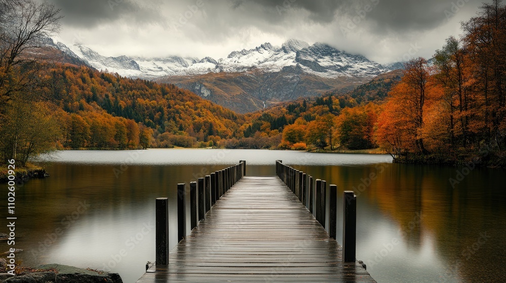 Serene Autumn Landscape with Pier Overlooking Calm Lake and Mountains Serene Autumn Landscape with Pier Overlooking Calm Lake and Mountains