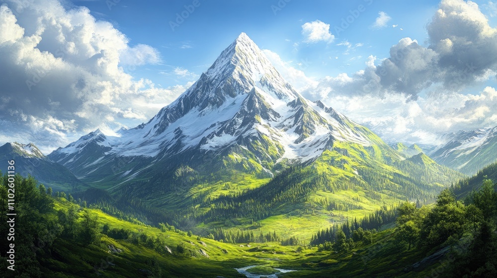Fototapeta premium Majestic Mountain Peak in a Lush Valley