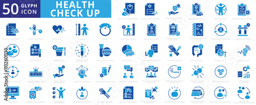 Health check-up icon set with physical examination, medical evaluation, preventive, annual, wellness visit, routine examination, health assessment, primary care visit, laboratory, blood, and medical
