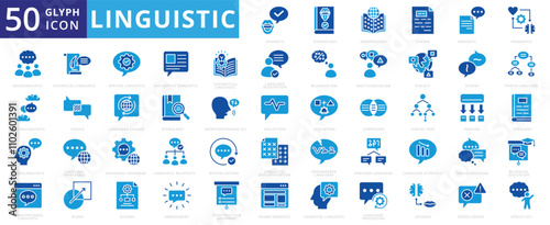 Linguistic icon set with language, phonetic, phonology, morphology, syntax, semantic, pragmatic, cognitive, grammar, neural linguistic, computational, historical, parsing, and descriptive