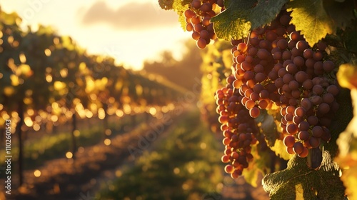 Morning sunlight illuminating ripe grapes on a vine, with rows of vineyards stretching into the distance, capturing the essence of a fruitful harvest in a tranquil countryside photo