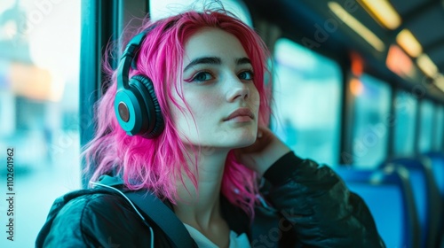 Young alternative woman with pink hair and headphones traveling on public transport photo