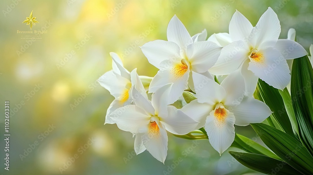 Elegant White Orchids with Soft Yellow Accents in Blooming Background Elegant White Orchids with Soft Yellow Accents in Blooming Background