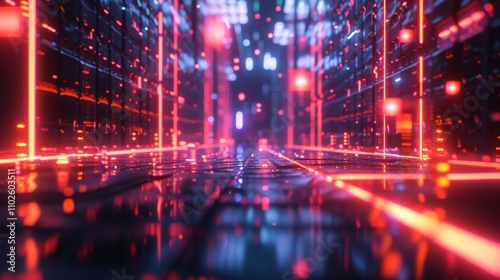 A long hallway of a futuristic data server room illuminated by bright neon red and orange lights, representing advanced technology and high-speed digital data processing. AI generated.