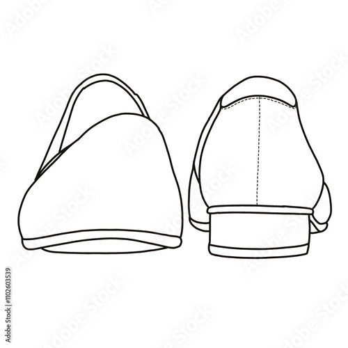 Women's Loafers and Slip On Casual Shoes Line art, Technical sketch hand drawing outline vector doodle front and rear view isolated on white background for coloring page