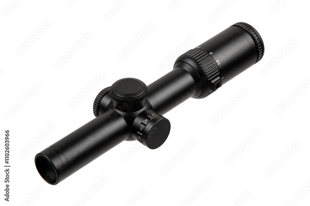 Black rifle scope with adjustment knobs and magnification settings, isolated on a white background. Black rifle scope with adjustment knobs and magnification settings, isolated on a white background.