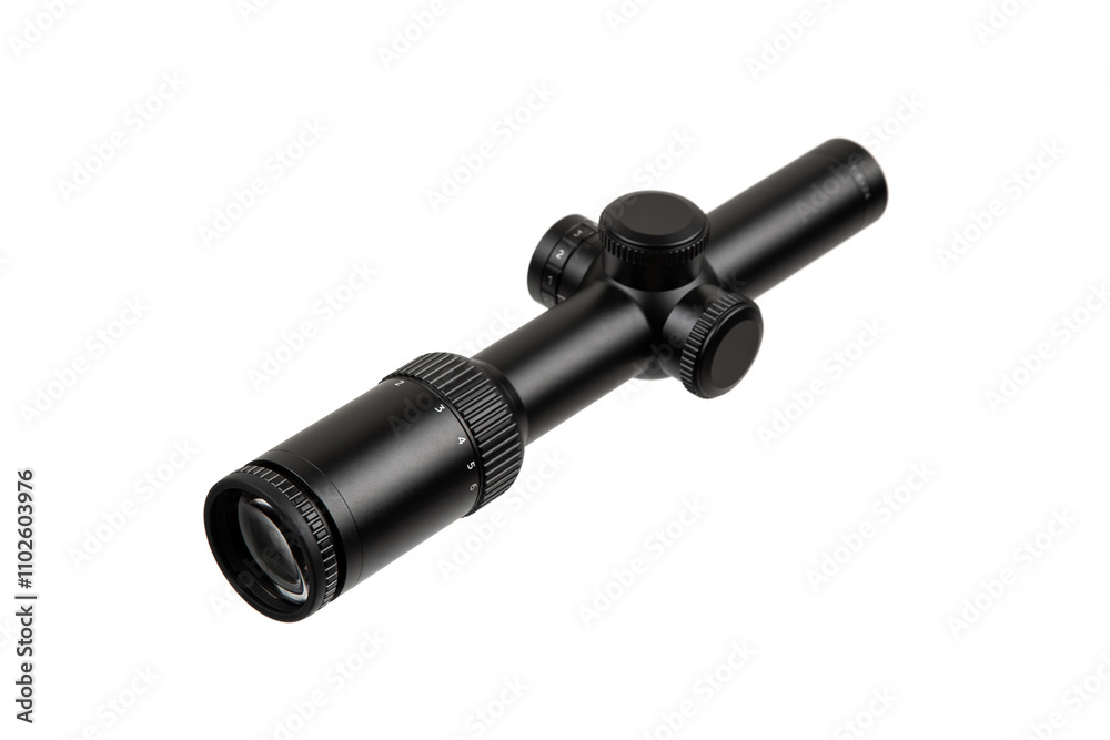 Black rifle scope with adjustment knobs and magnification settings, isolated on a white background. Black rifle scope with adjustment knobs and magnification settings, isolated on a white background.