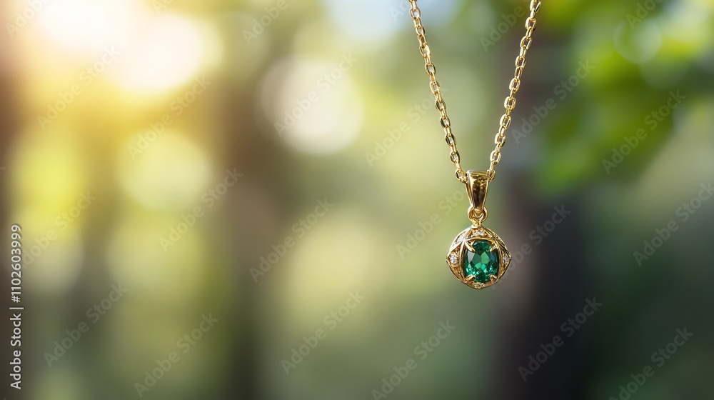 Elegant gold necklace with a green gemstone pendant in nature. Elegant gold necklace with a green gemstone pendant in nature.