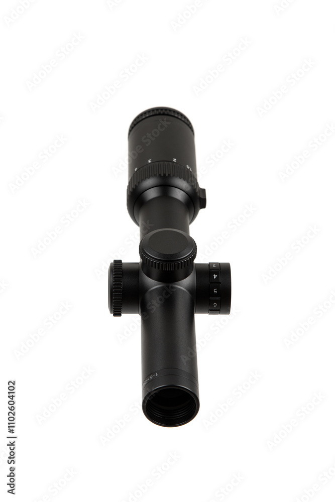 Black rifle scope with adjustment knobs and magnification settings, isolated on a white background. Black rifle scope with adjustment knobs and magnification settings, isolated on a white background.