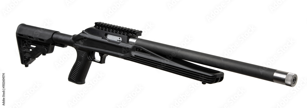 Close-up of a .22 caliber rifle with a modern tactical design, adjustable black stock, and extended barrel, ideal for precision shooting, hunting, and training Close-up of a .22 caliber rifle with a modern tactical design, adjustable black stock, and extended barrel, ideal for precision shooting, hunting, and training