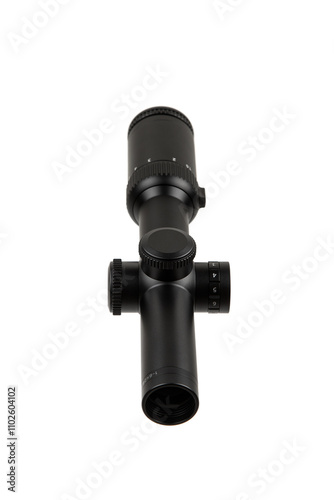 Black rifle scope with adjustment knobs and magnification settings, isolated on a white background.